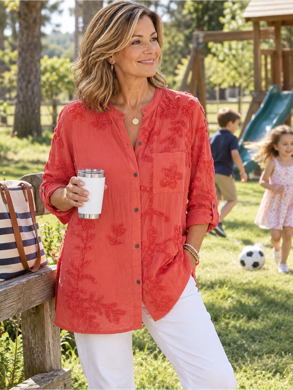 Women's Coral Embroidered Button-Front Shirt